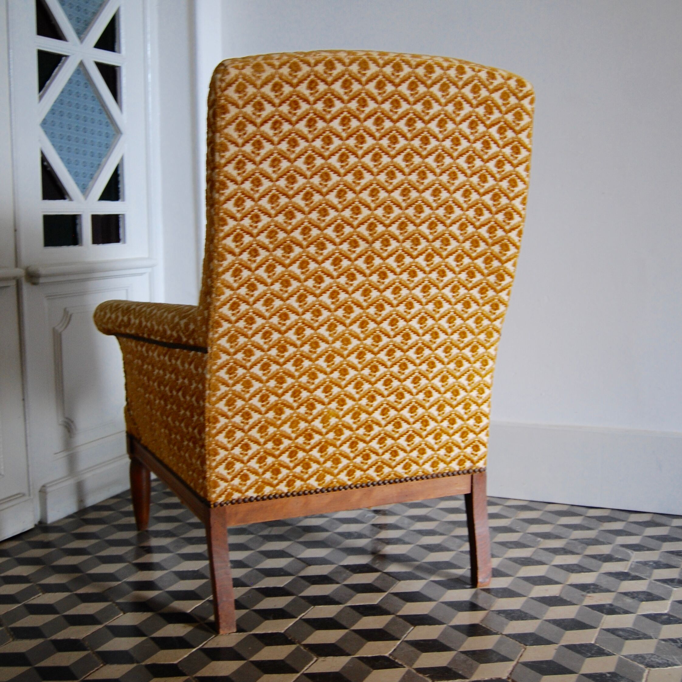 Armchair studded velvet damask vintage English