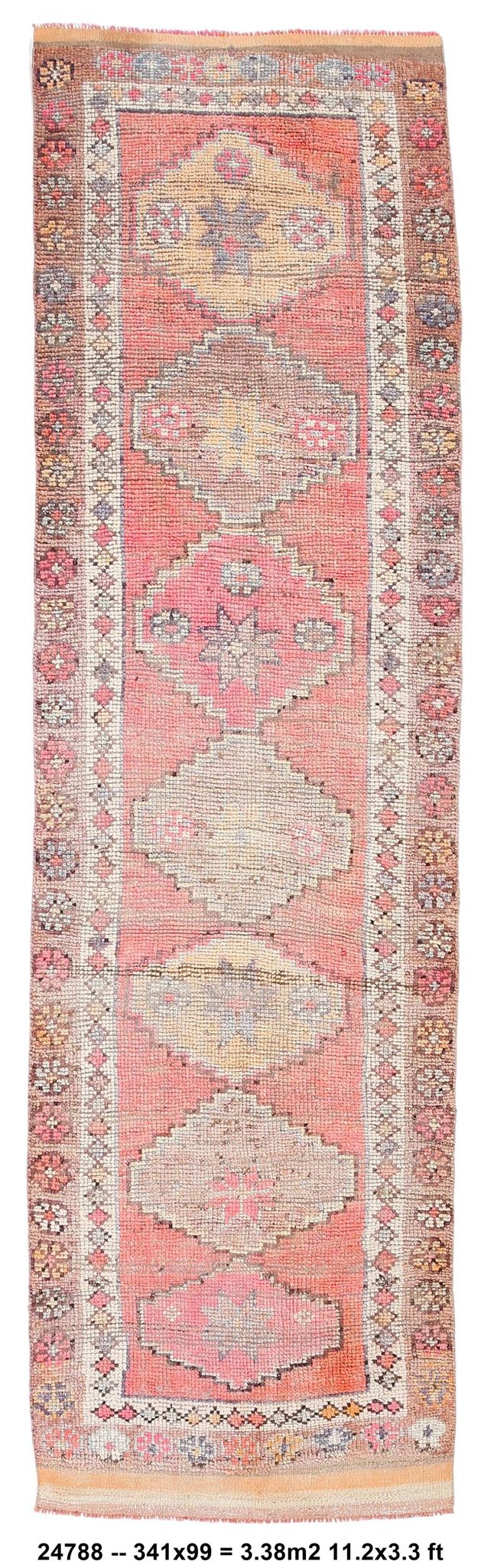 3x11 Pink Salmon Oriental Vintage Runner Rug, 99x341Cm