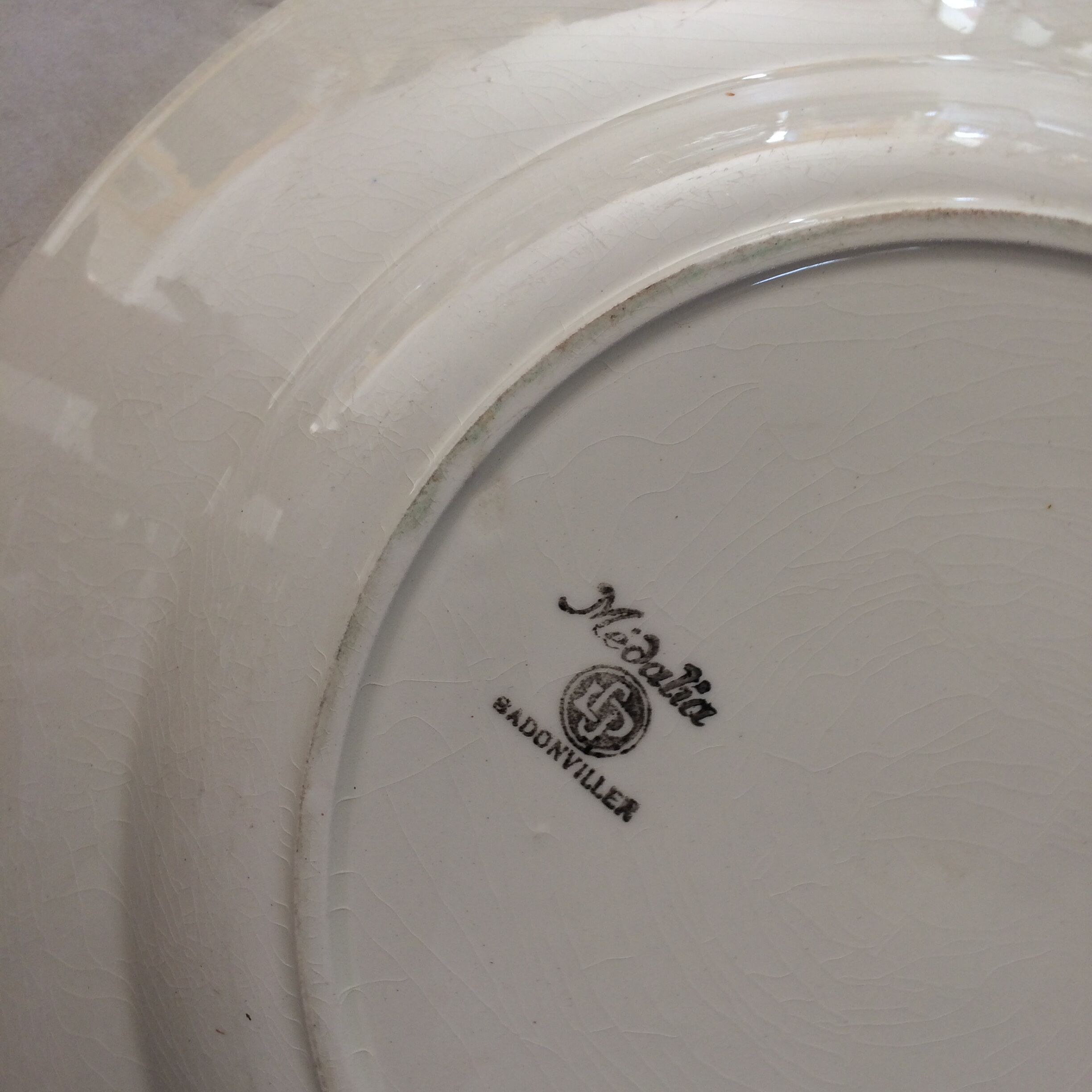 Large white dish with blue surrounds. Flat-shaped. Badonviller's Earthenware.