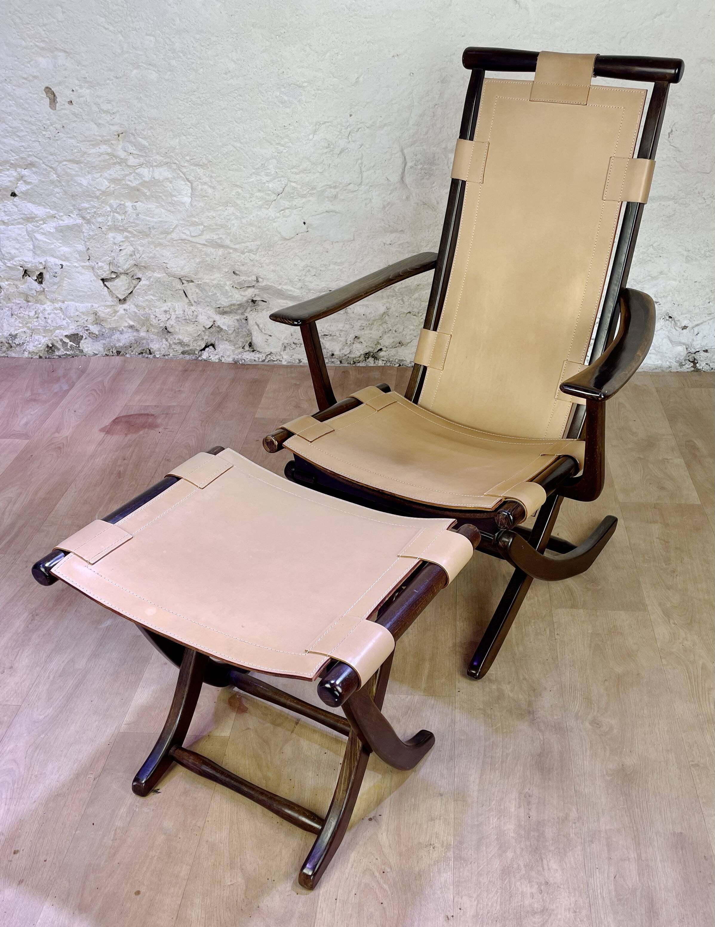 Colonial style leather armchair and ottoman