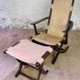 Colonial style leather armchair and ottoman