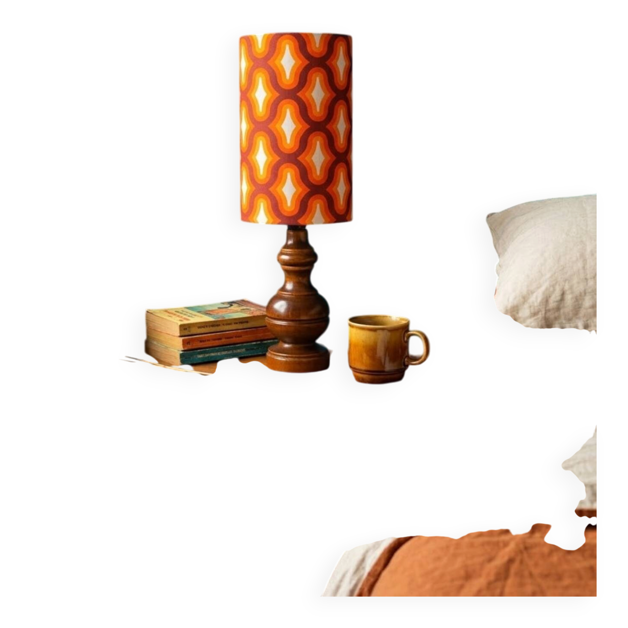 Vintage table lamp wood & seventies graphic print