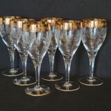 6 old wine glasses in engraved crystal and gold