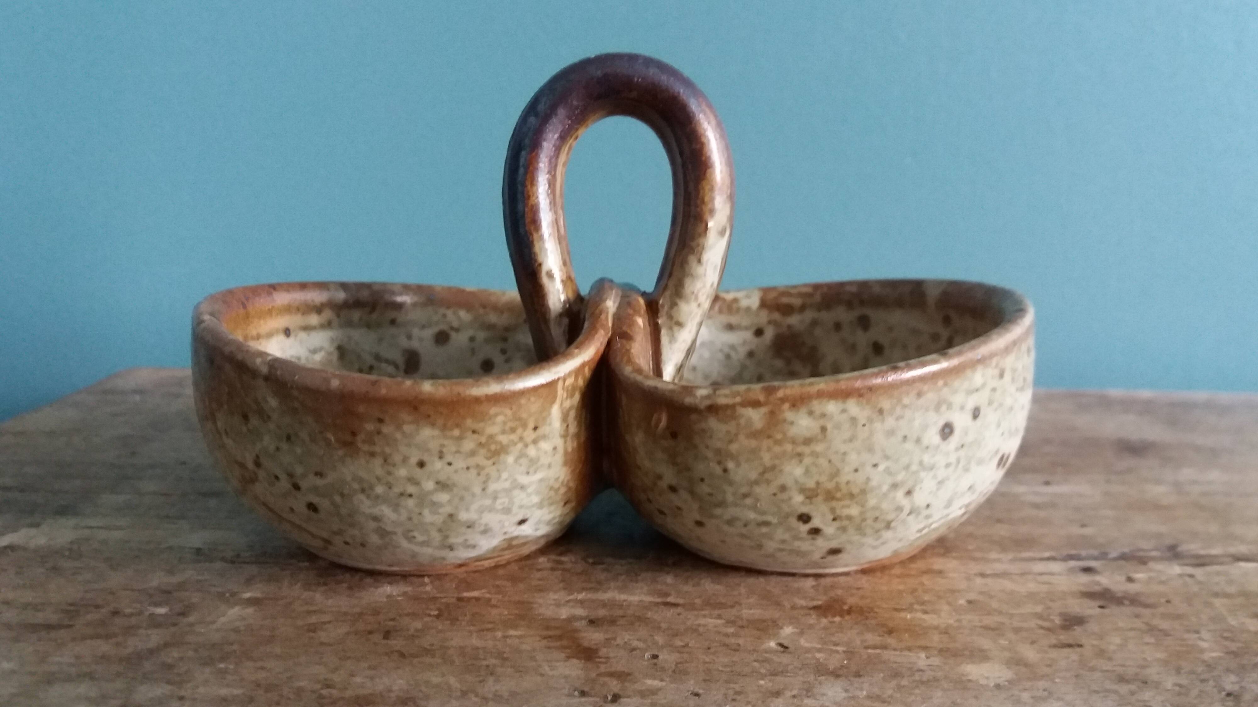 Stoneware salt and sauce dish from Puisaye, signed Jean-Pierre Prud’homme