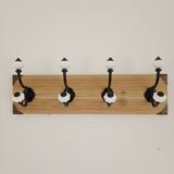 Vintage style wall coat rack in raw wood & metal – 4 double hooks – 45 cm