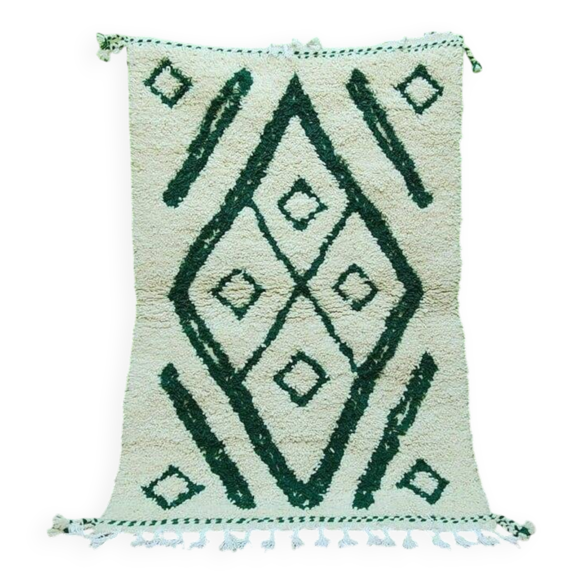 Handwoven Berber rug in green and white, 100x200 cm.