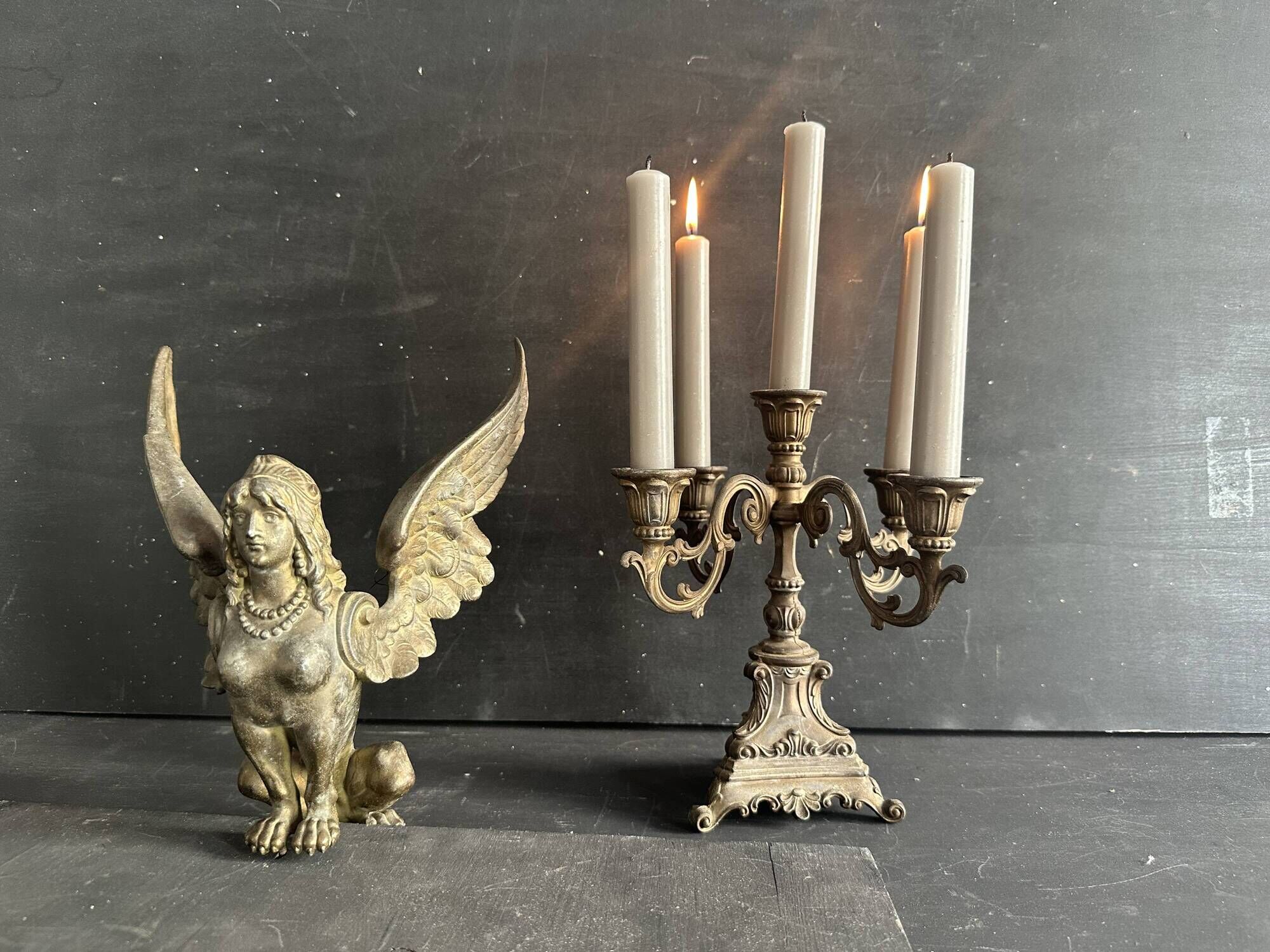 Small antique candelabrum with 5 lights in patinated brass - early 20th century