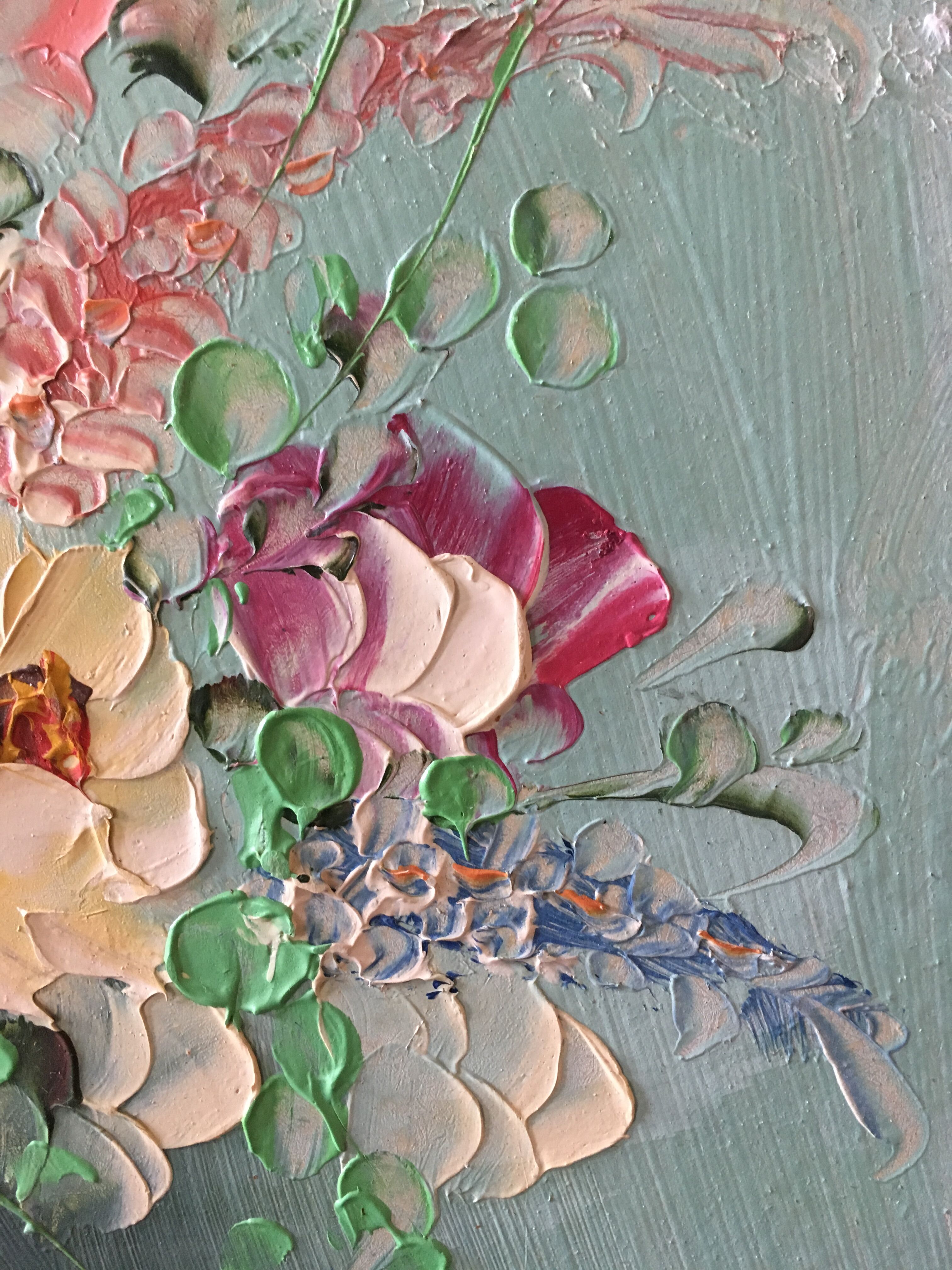 Painting painting in powder pink oil, blue-green