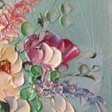 Painting painting in powder pink oil, blue-green