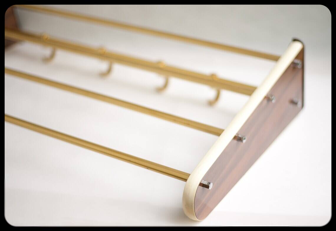 vintage formica and brass coat rack, cloakroom, hooks, hanger, shelf, hooks, coat hooks, decoration