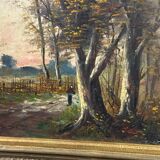 Painting Barbizon School animated path twilight wooden frame gilded stucco late 19th century