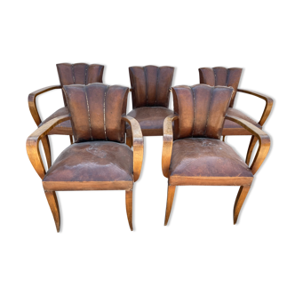 5 bridge armchairs in art deco leather