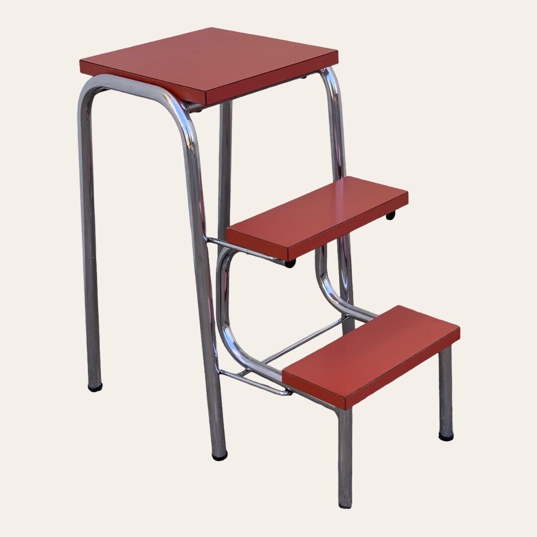 Red Formica stepladder stool 1970