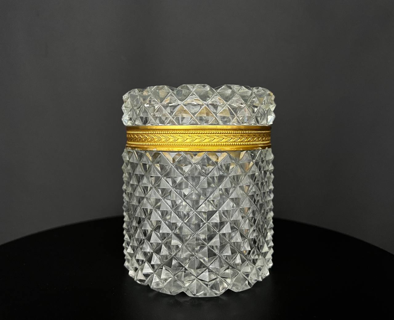 Cut crystal box with gilded bronze mount.