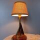 Lampe à poser marine socle bois, voilier laiton, abat jour jute