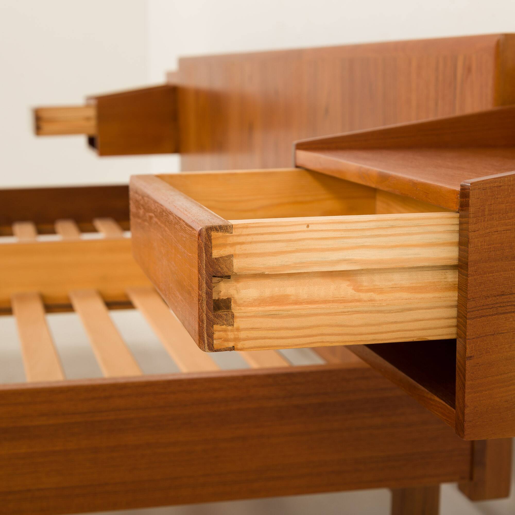 Danish mid century teak queen size bed with nightstands, 1960s
