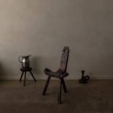 Spanish brutalist tripod chair in carved solid wood