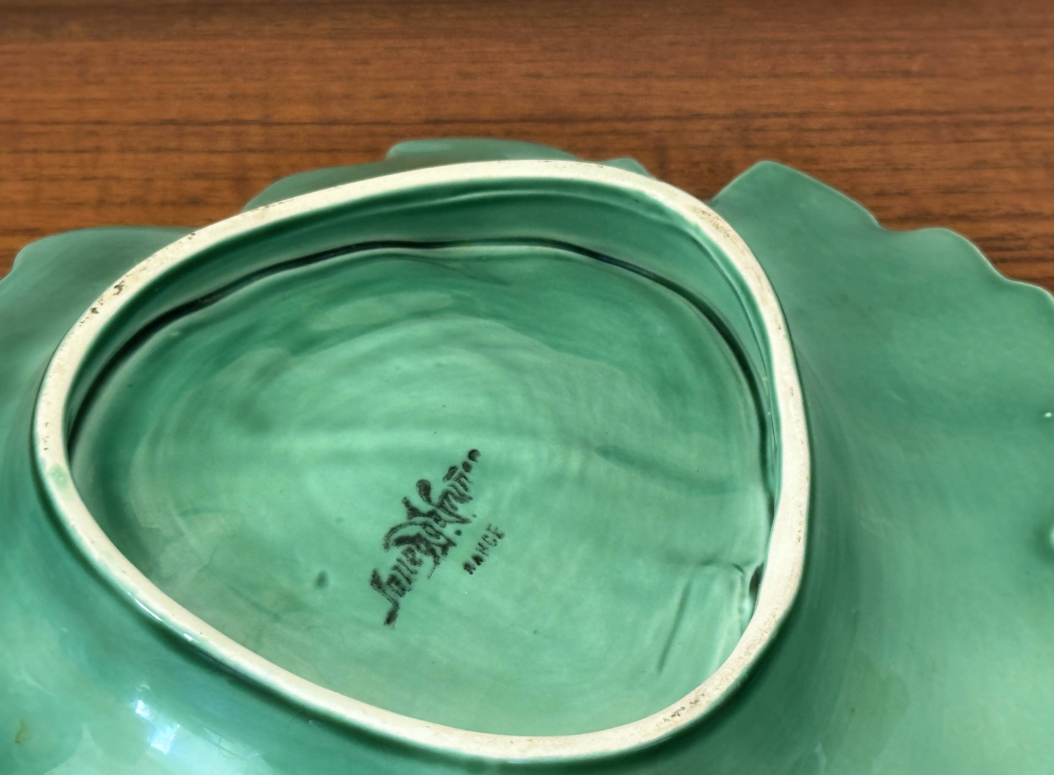 Vintage barbotine leaf faience dish empty pocket Sarreguemines