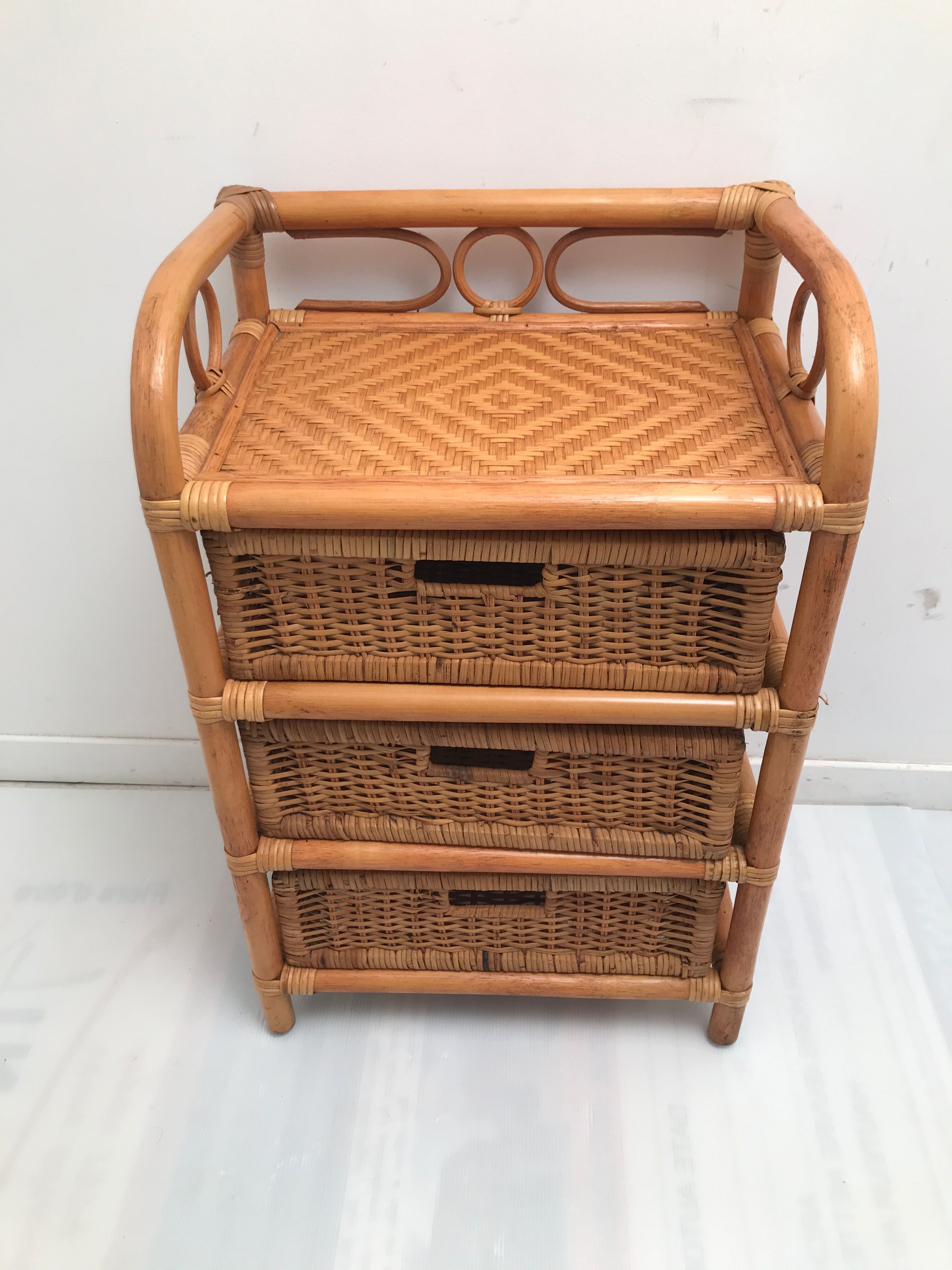 Rattan wicker storage cabinet with 3 vintage drawers