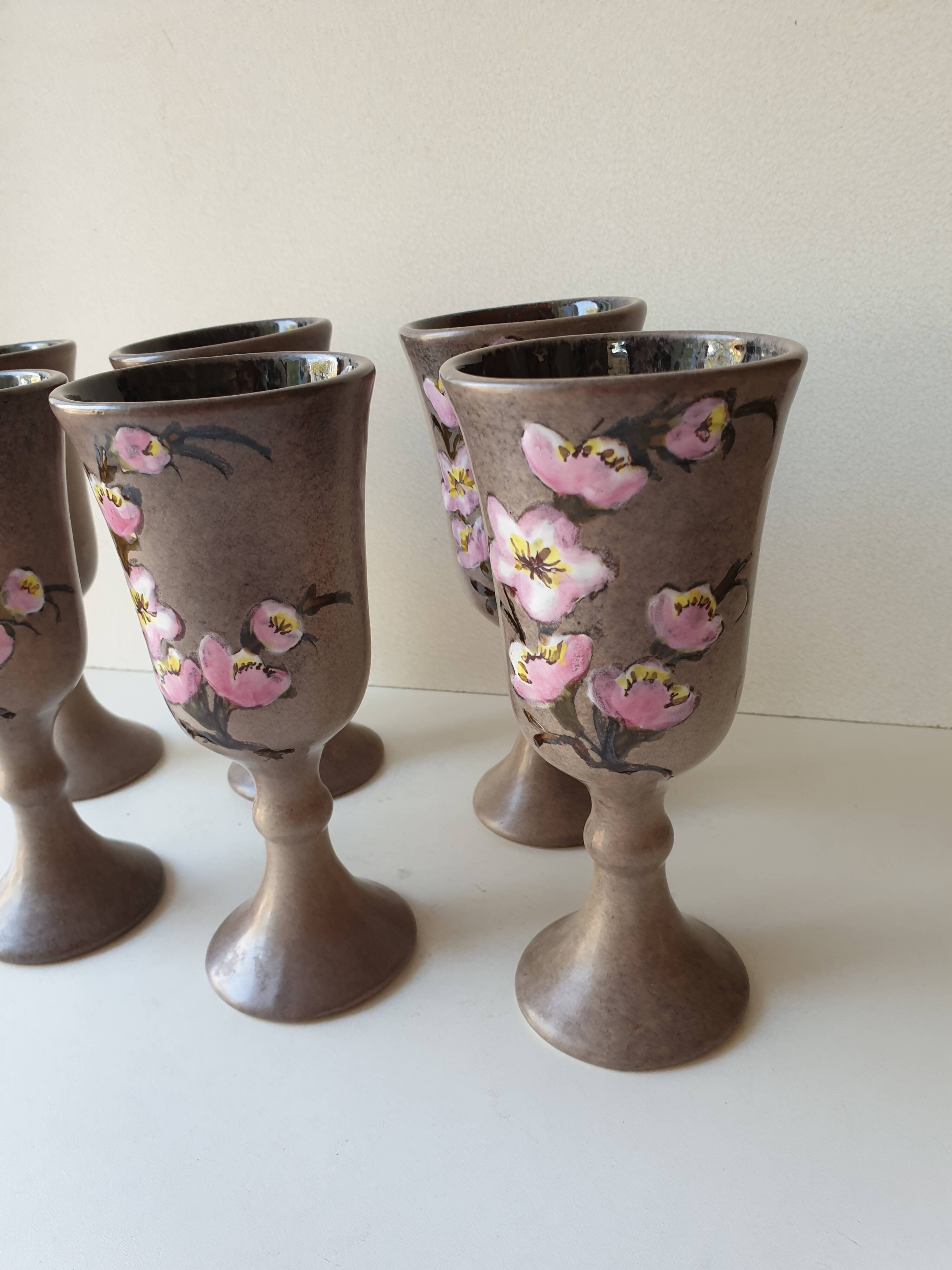 Set of 6 ceramic wine glasses Signed Vallauris Moby Jo's (By Marius Musarra