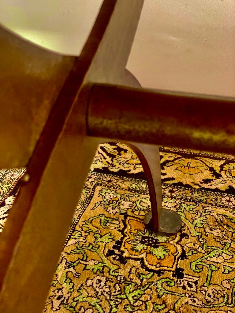 Rectangular wooden table, legs and spacer in hammered ironwork, 60s