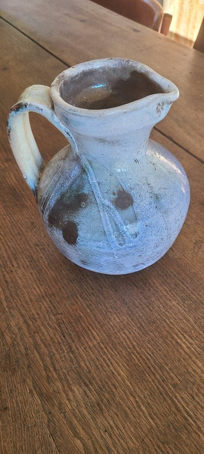 Old bulbous jug pottery vase glazed grey-blue stoneware vintage