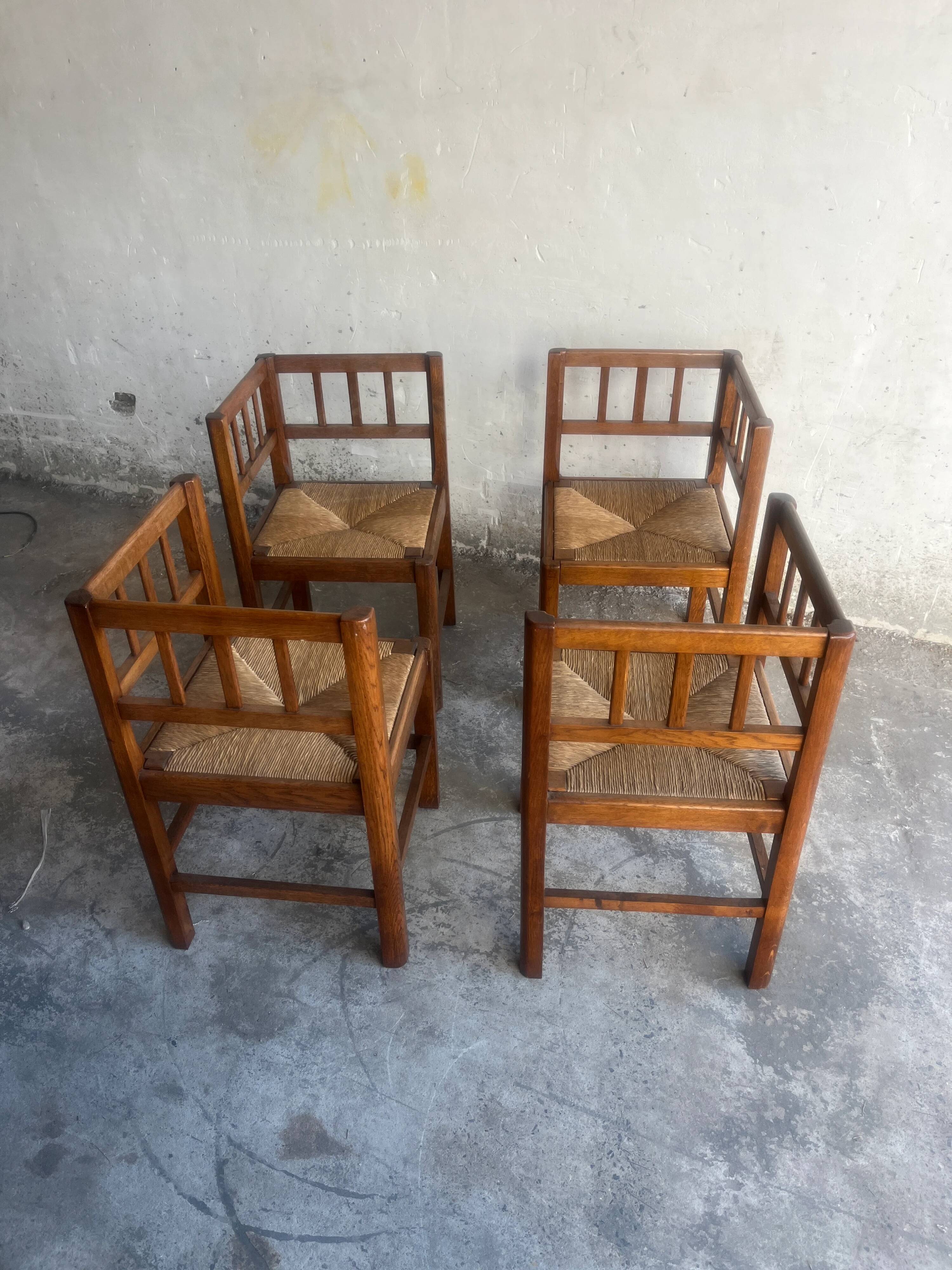 Set of 4 brutalist oak armchairs, 1950s