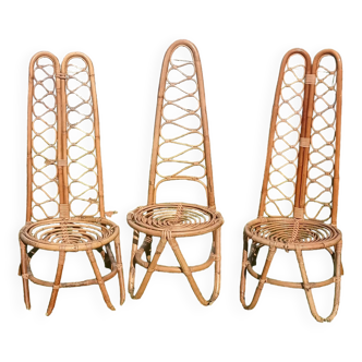 Trio de chaises en bambou et rotin éditées par Bonacina, 1960