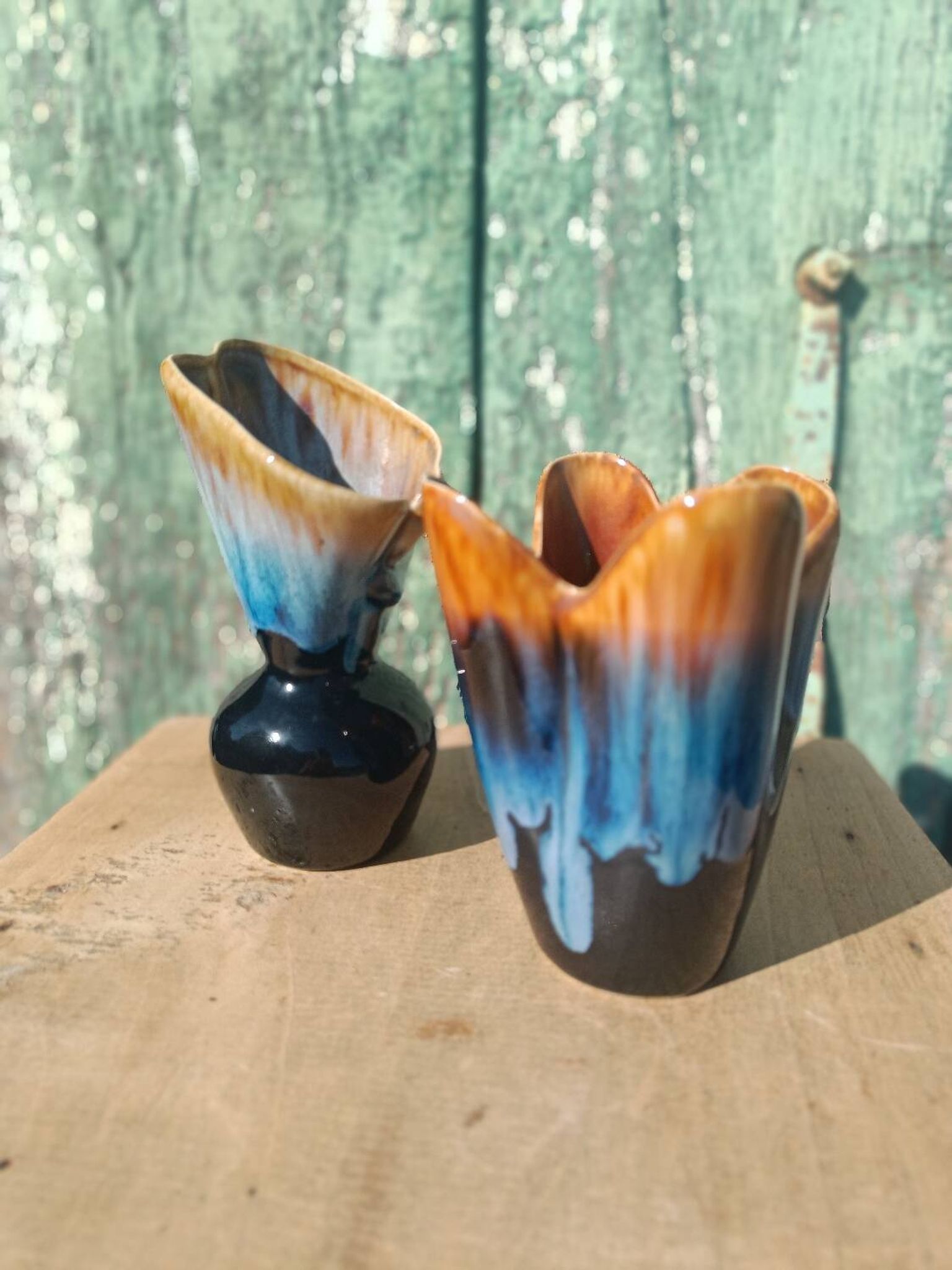 "Pair of vintage glazed ceramic vases – blue flamed glaze – ann"
