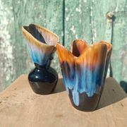 "Pair of vintage glazed ceramic vases – blue flamed glaze – ann"