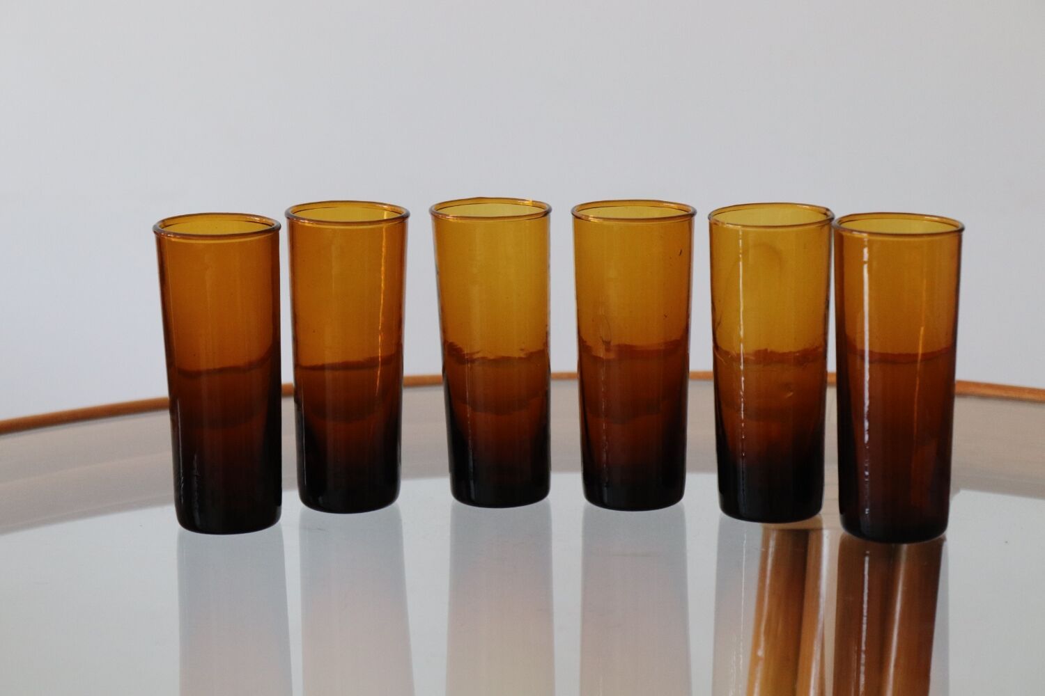 6 vintage amber shot glasses