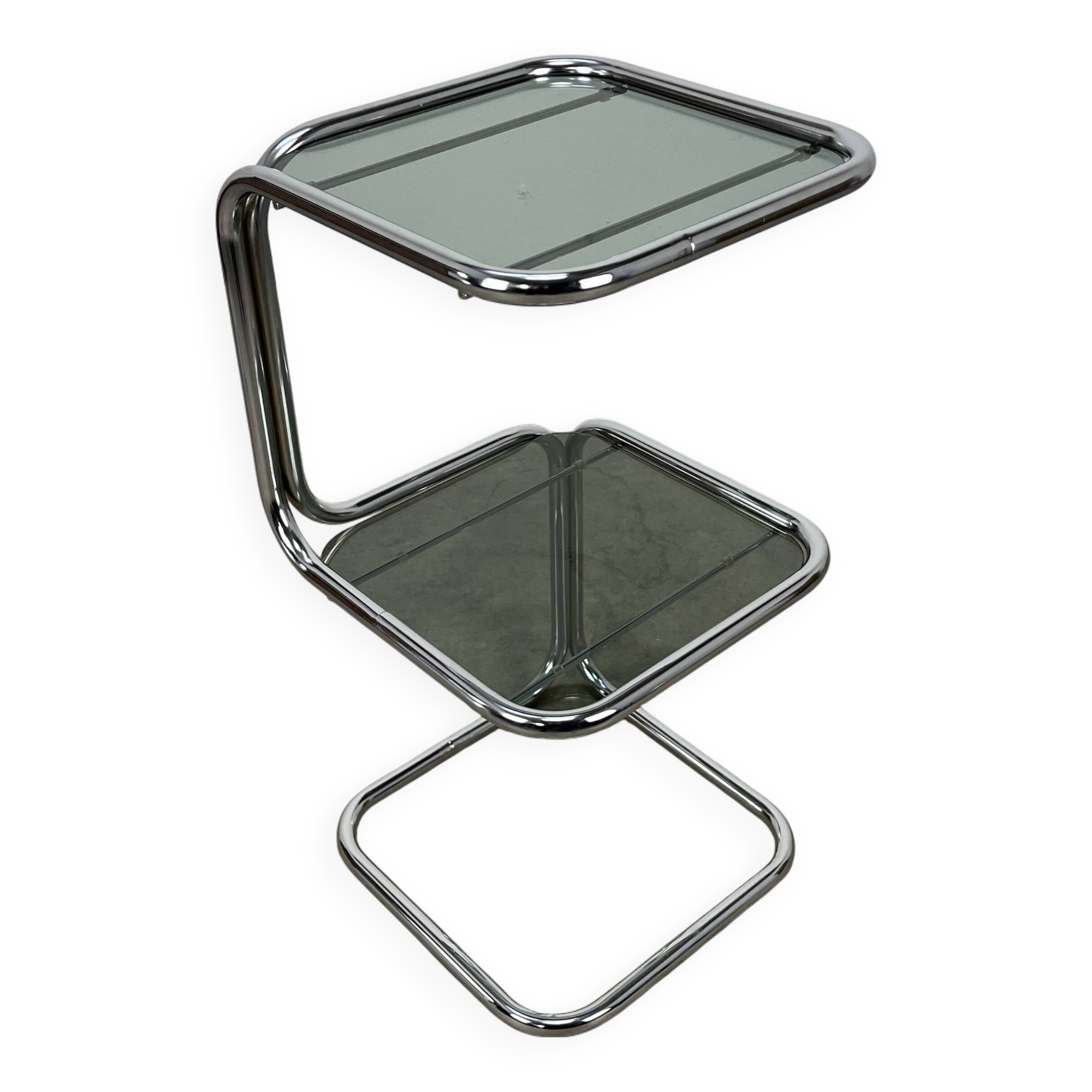 70s pedestal table, chrome and smoked glass side table
