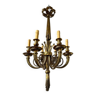 Imposant lustre de style Louis XVI en bronze doré 6 feux finition ruban début du siècle
