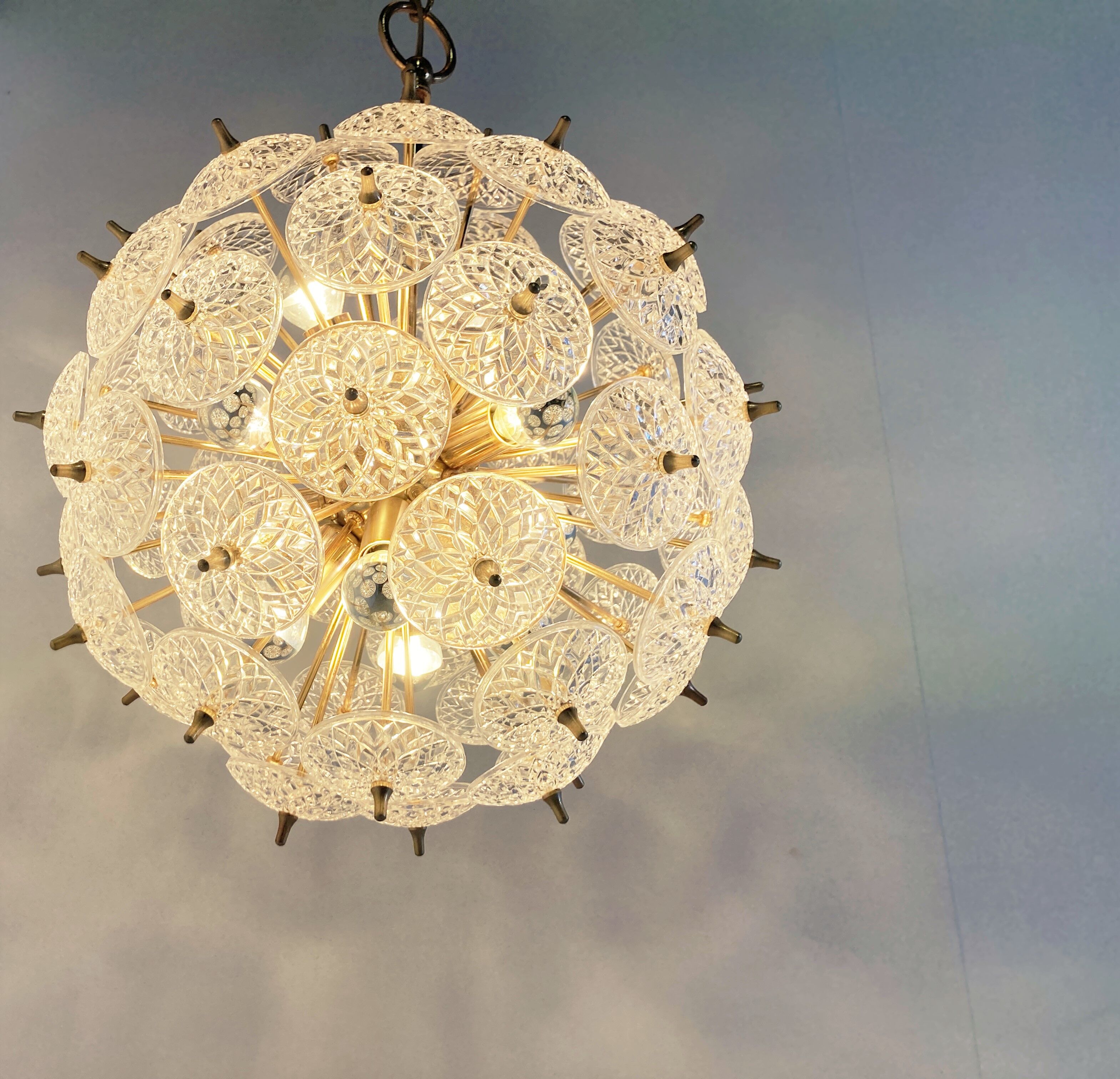 Mid century brass and crystal sputnik chandelier by Val saint lambert, 1960s