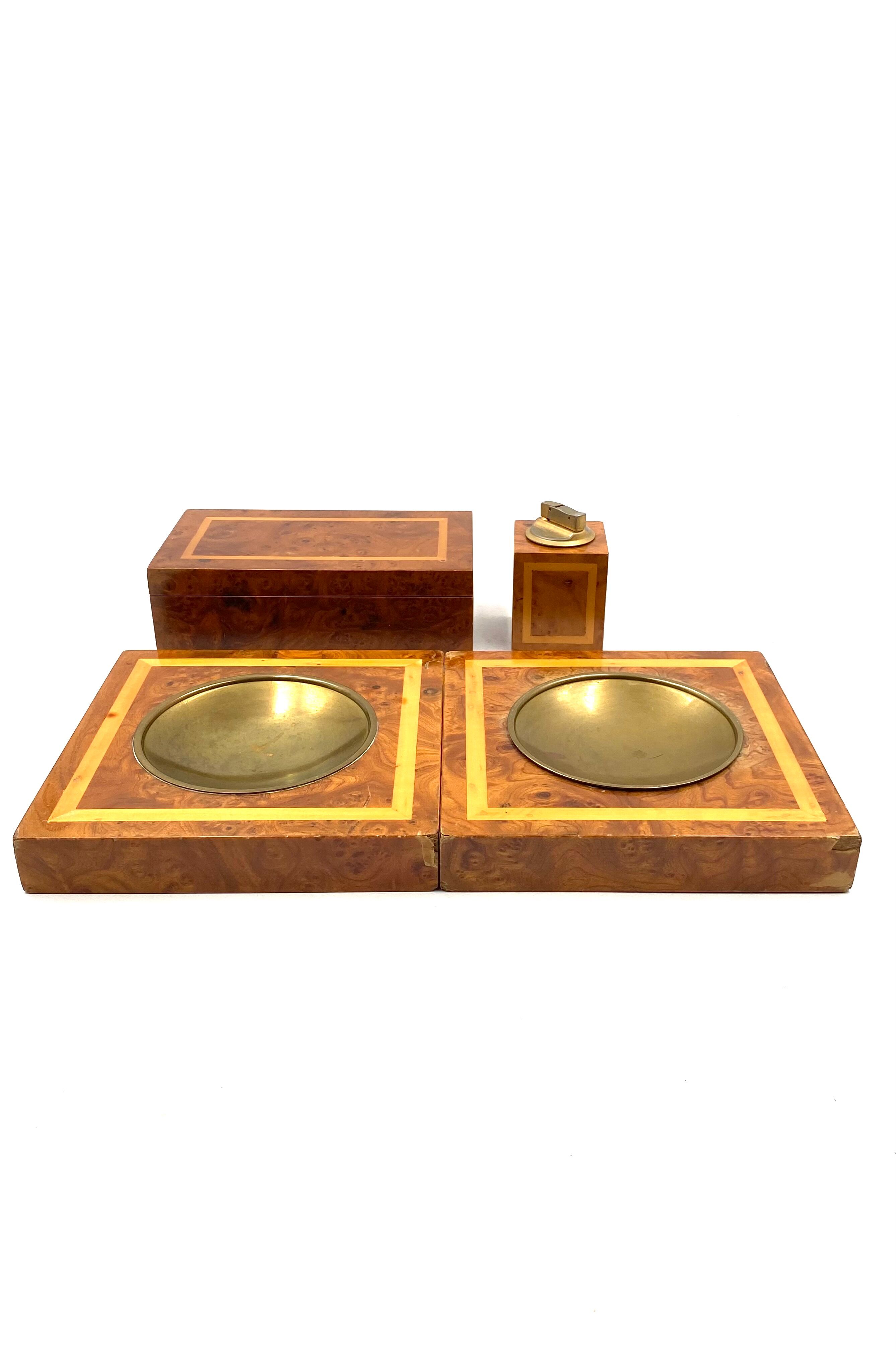 Smoking Set, brass and wood ashtrays, lighter and cigars box, Italy 1970