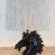 Horsehead lamp and wool lampshade, black resin