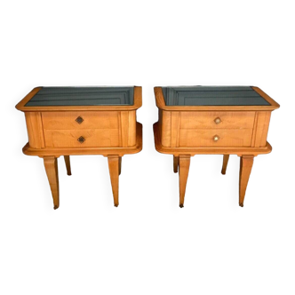 Pair of 1960 bedside tables in lemon wood 2 drawers in bronze mirrors