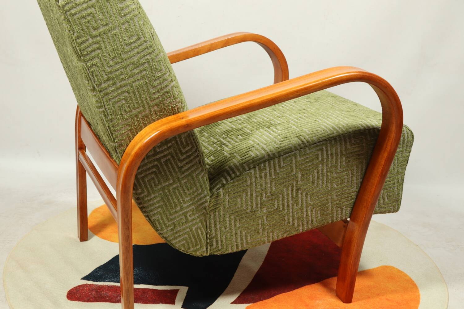 Art Deco armchair in green geometric jacquard by Kropacek Kozelek 1950