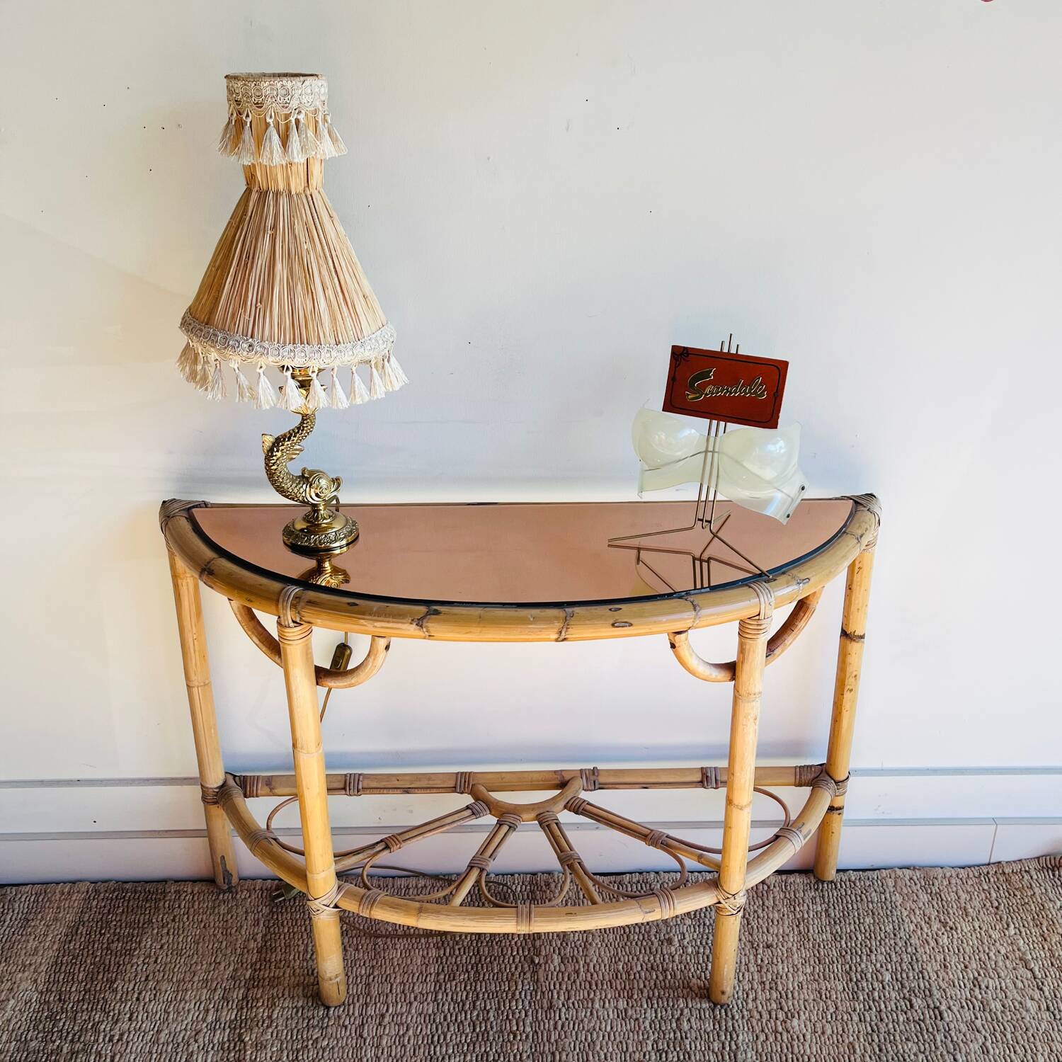 Console table d’appoint en rotin avec miroir rose