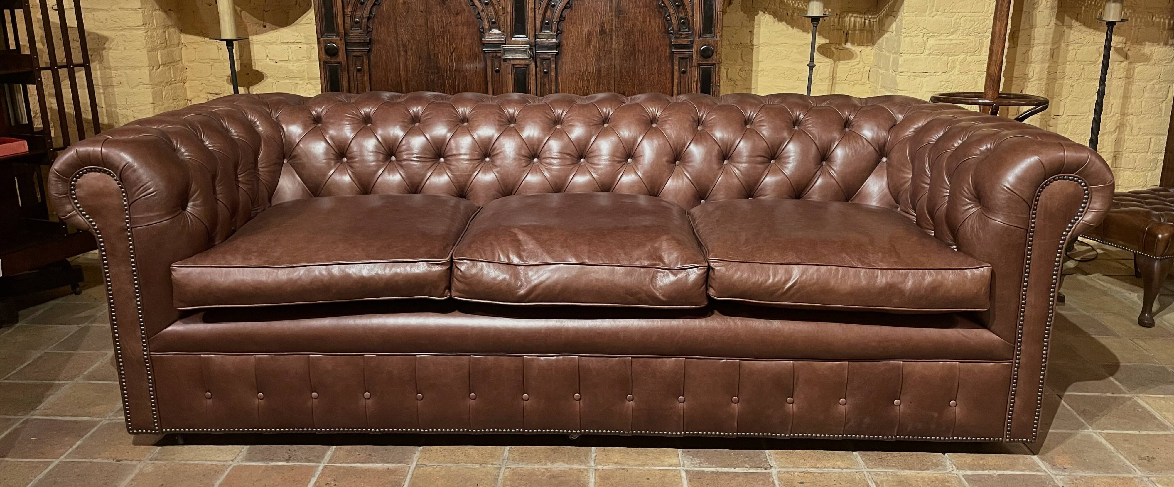brown leather 3-seater Chesterfield sofa