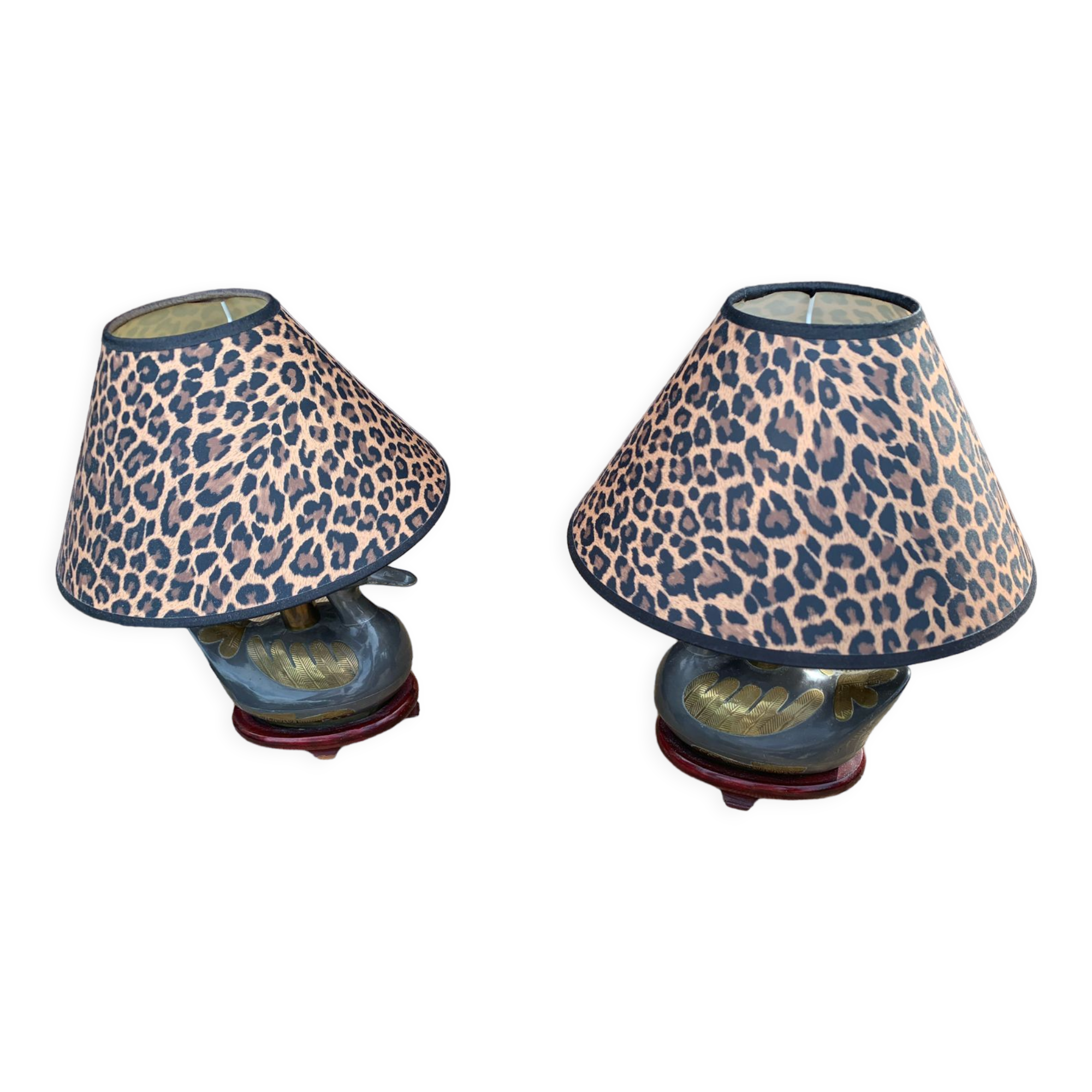 Paire de lampes canards en étain et laiton années 60