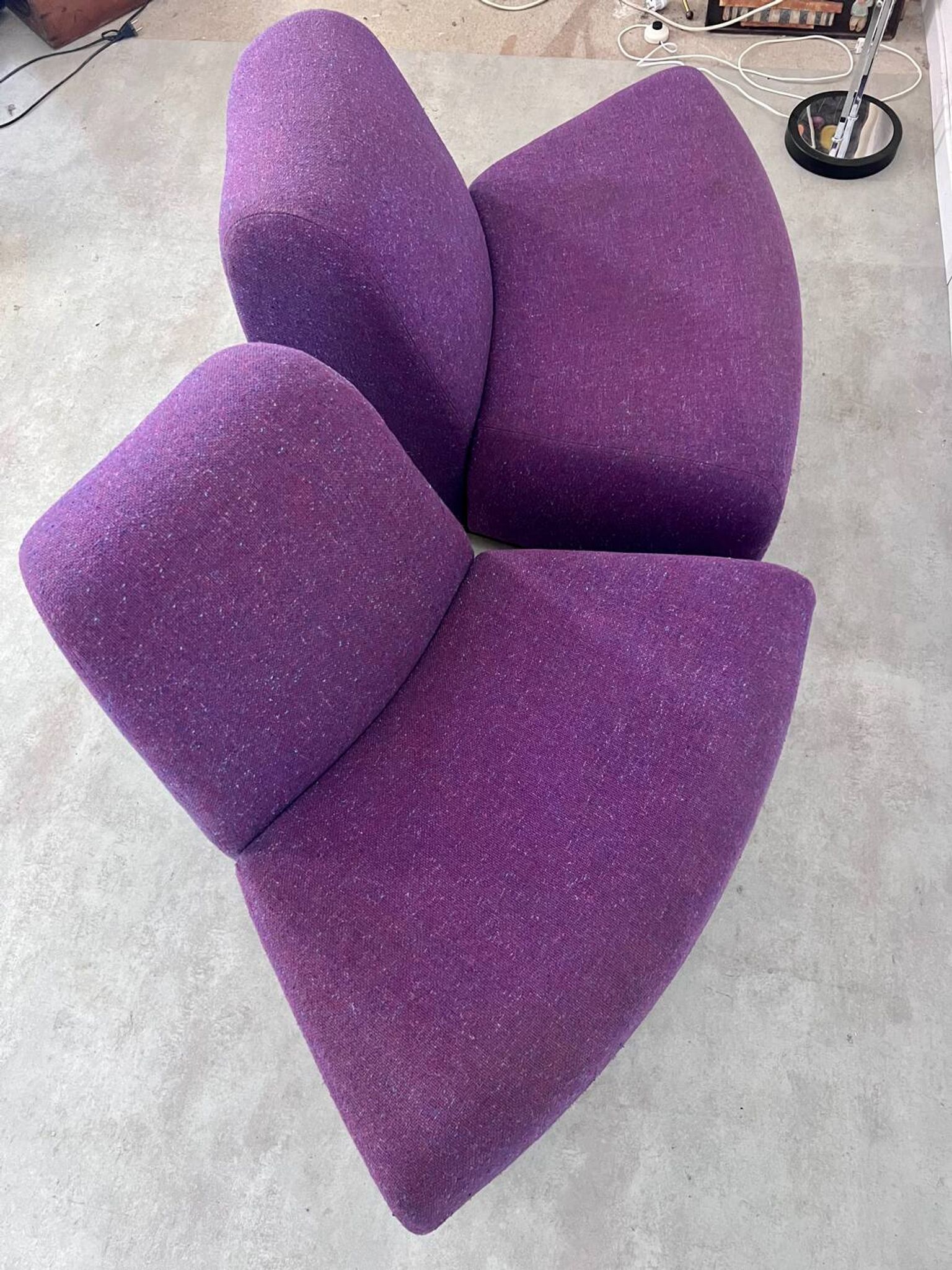 Lot 2 low chairs Space Age design from the 70s purple fabric vintage armchair