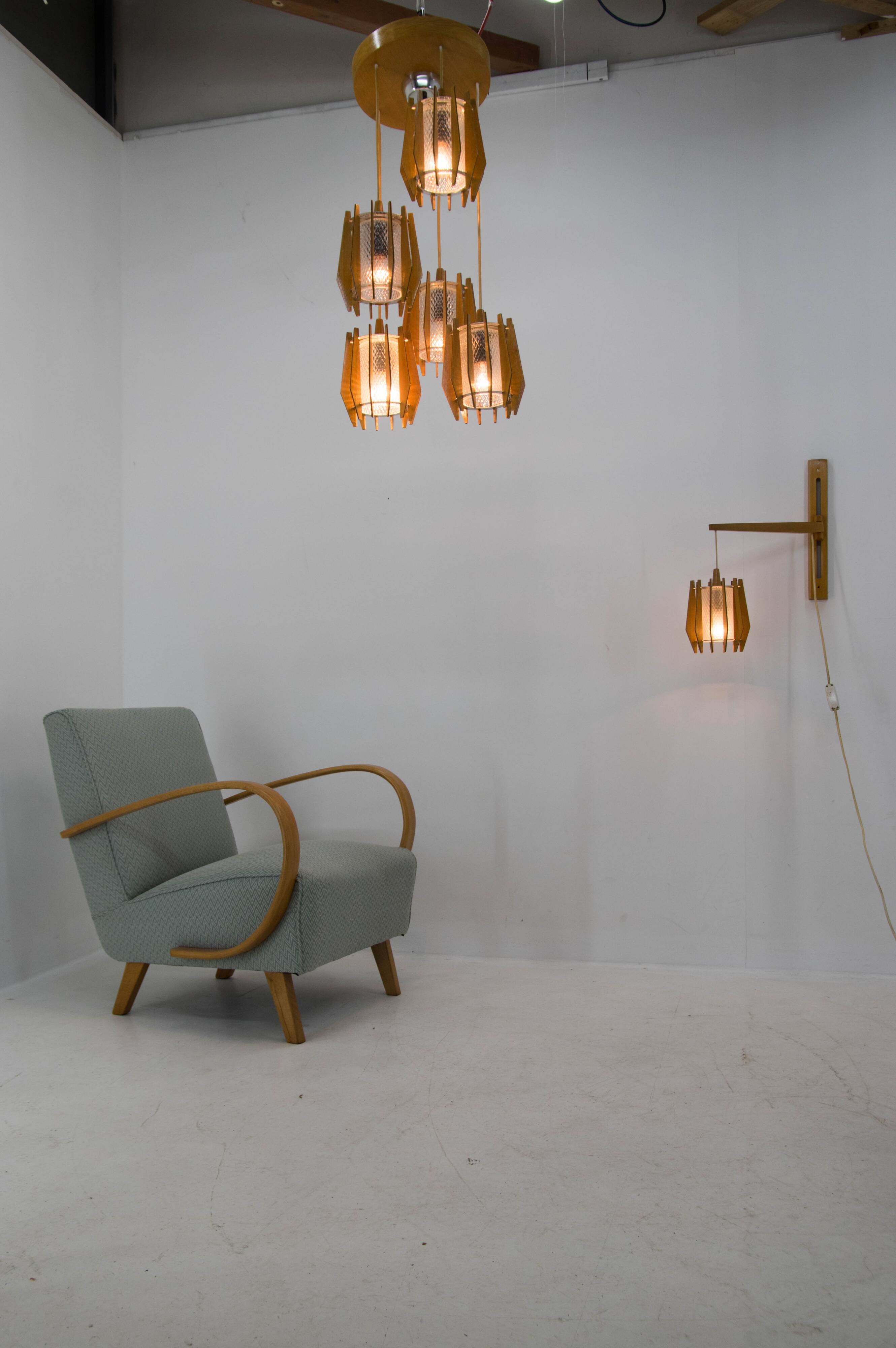 1970s Czechoslovakian Chandelier & Wall Lamp by Dřevo Humpolec