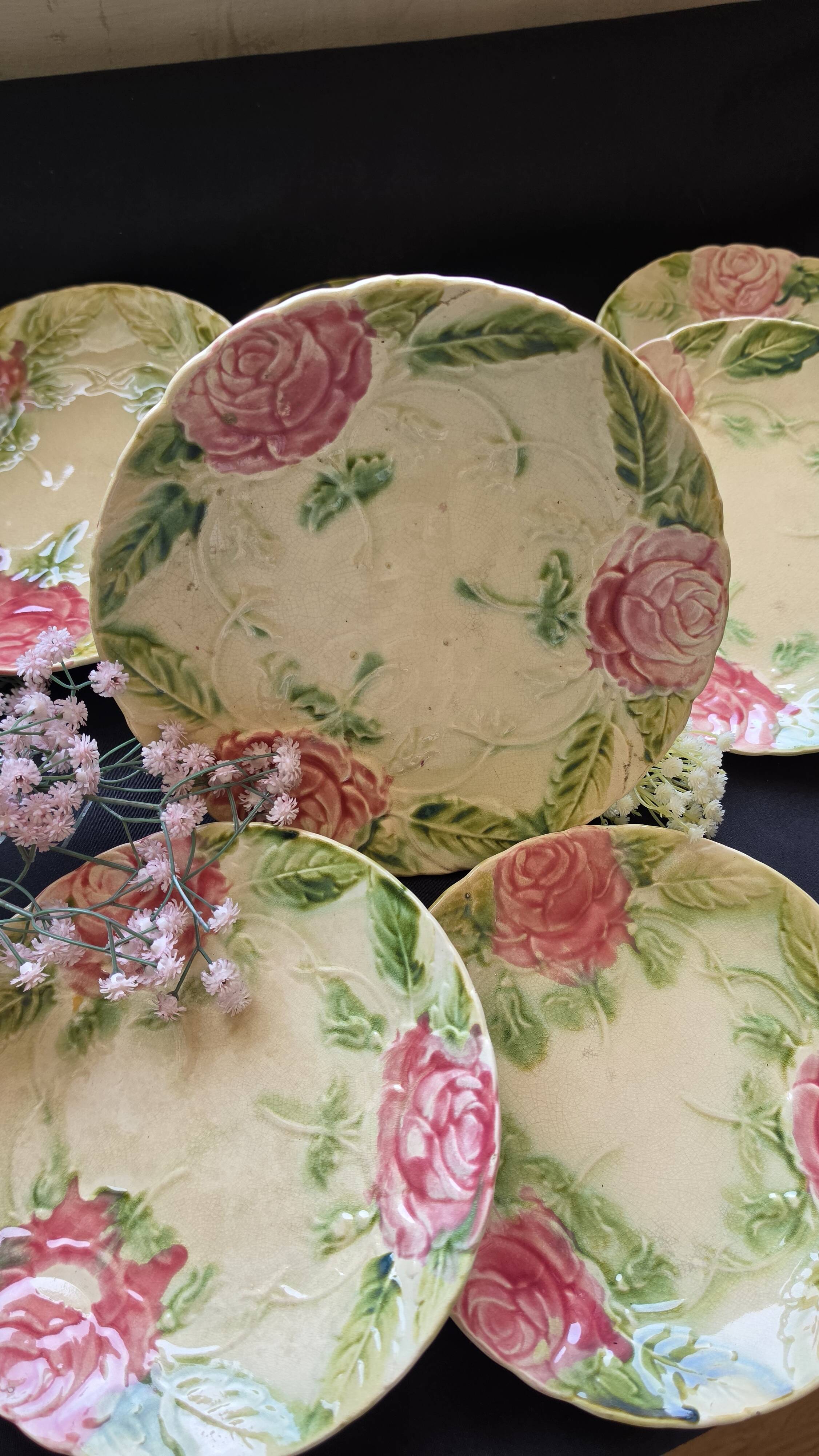 Exclusive antique dessert service in faience/terracotta with slip from 1900.