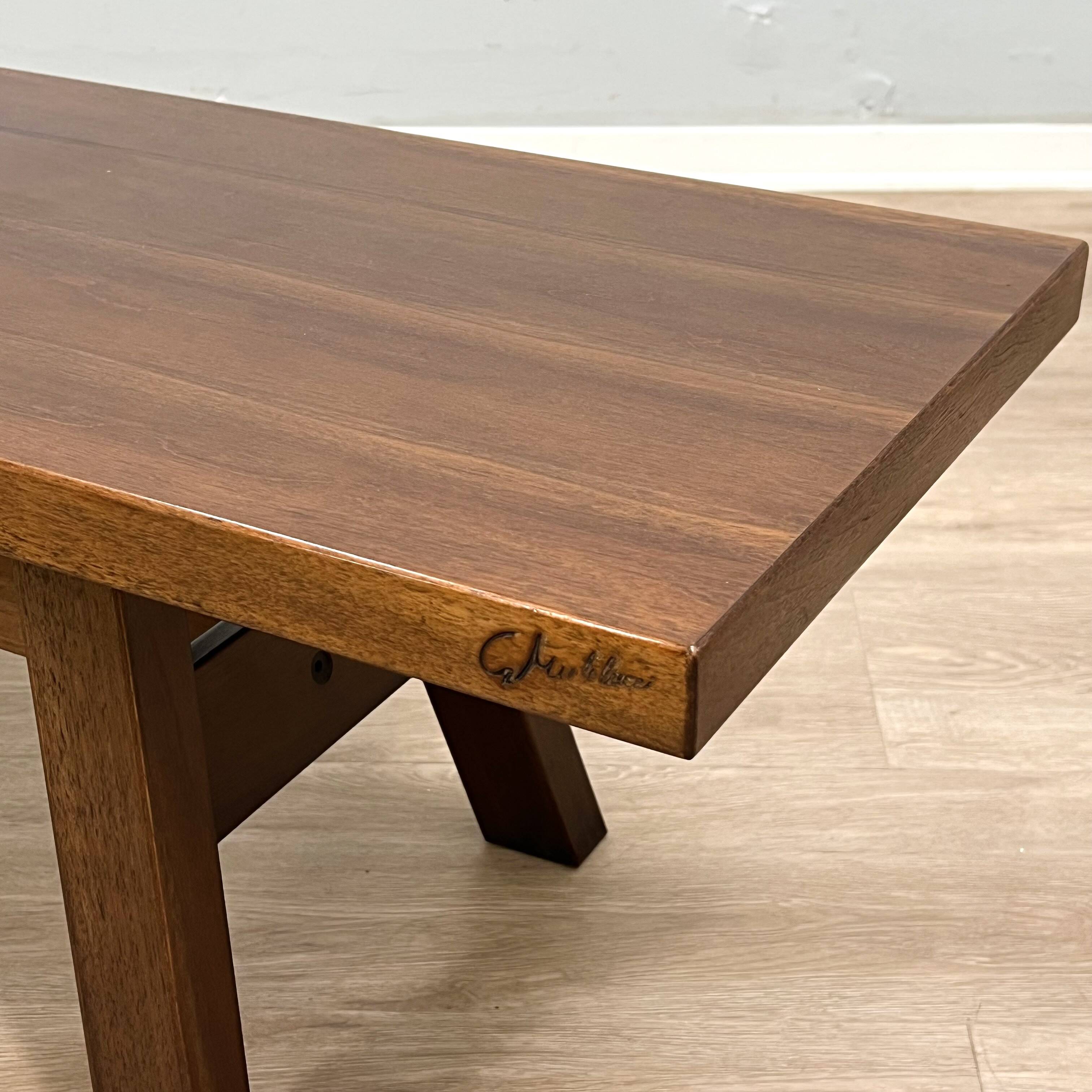 Michelucci brutalist design solid walnut bench 1970s