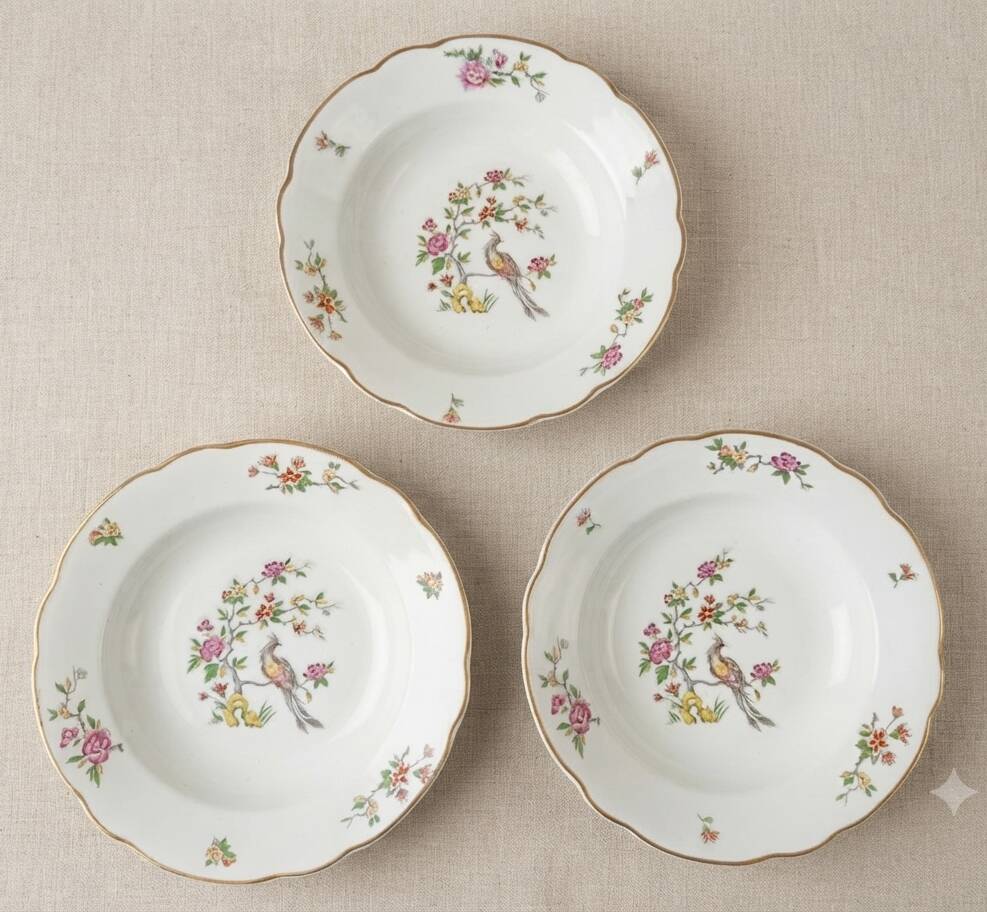 Lot de 3 assiettes creuses Digoin & Sarreguemines, oiseau de paradis