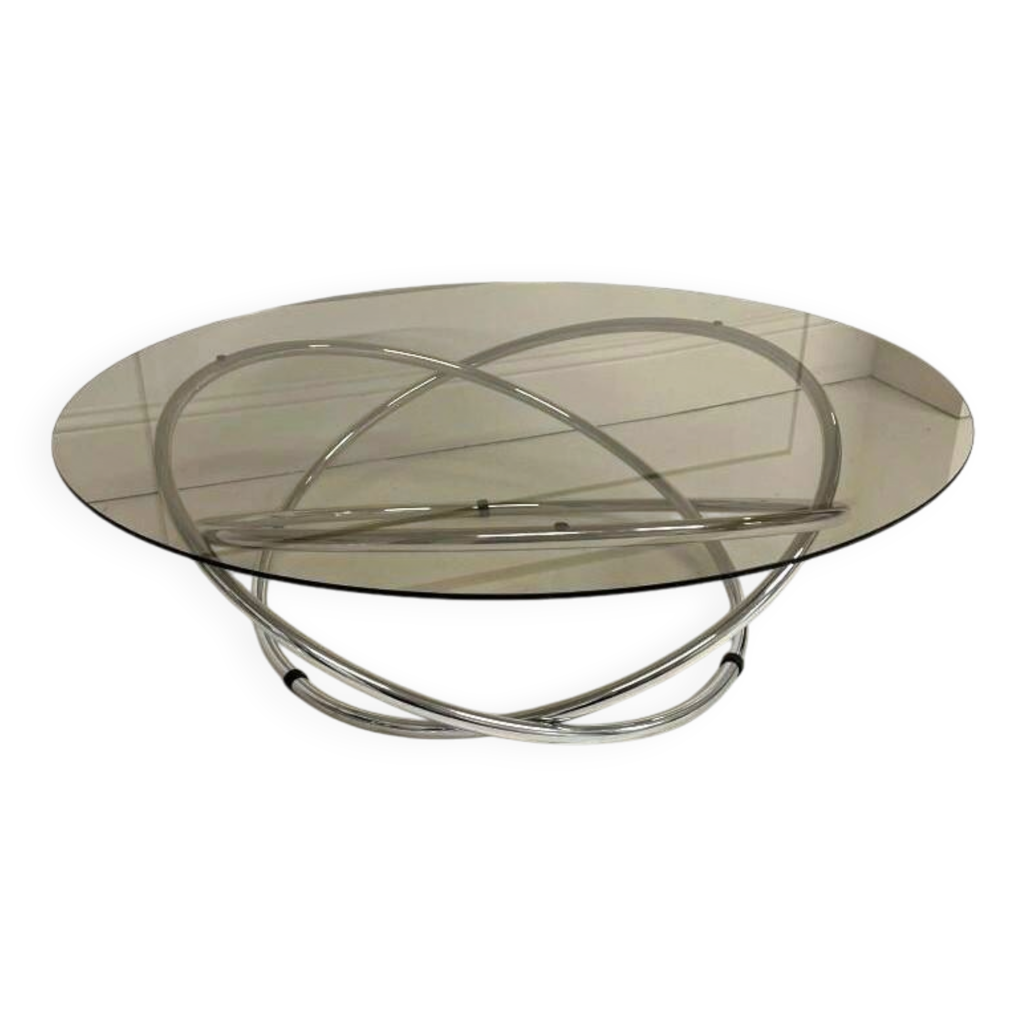 Table basse ronde en chrome et verre fumé, Miniforms "Swirl", Made in Italy