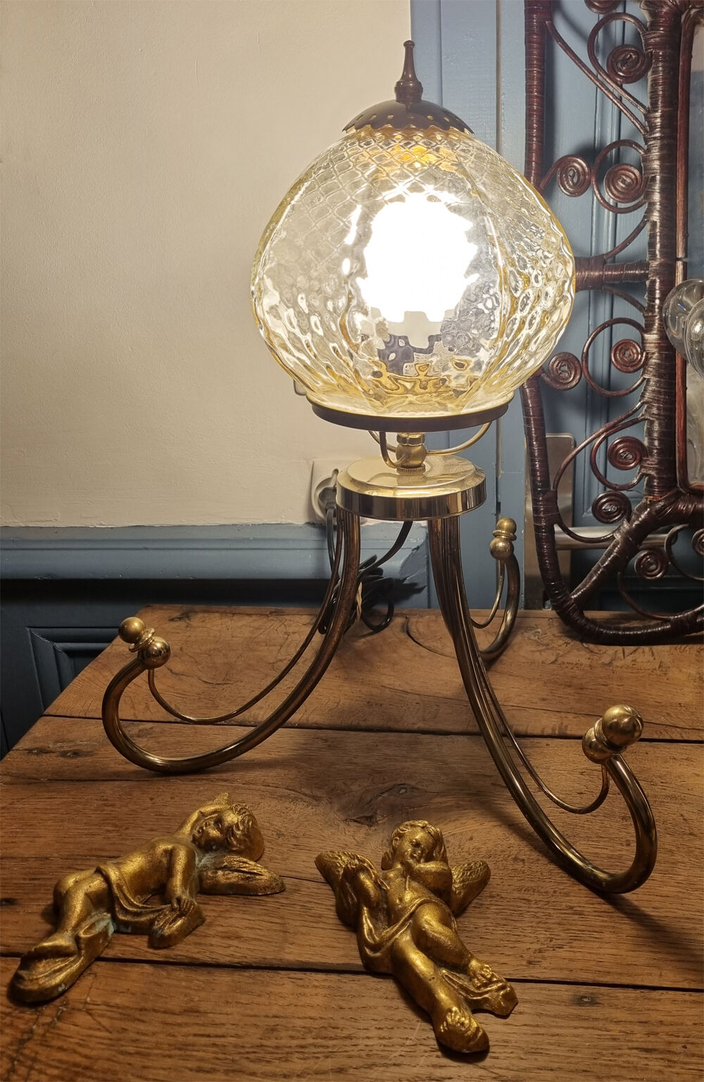 Table lamp, tripod, golden brass, vintage, 50s