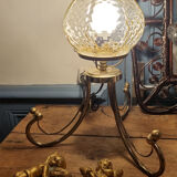 Table lamp, tripod, golden brass, vintage, 50s