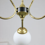 Italian Mid-century Brass and Opaline Glass Chandelier